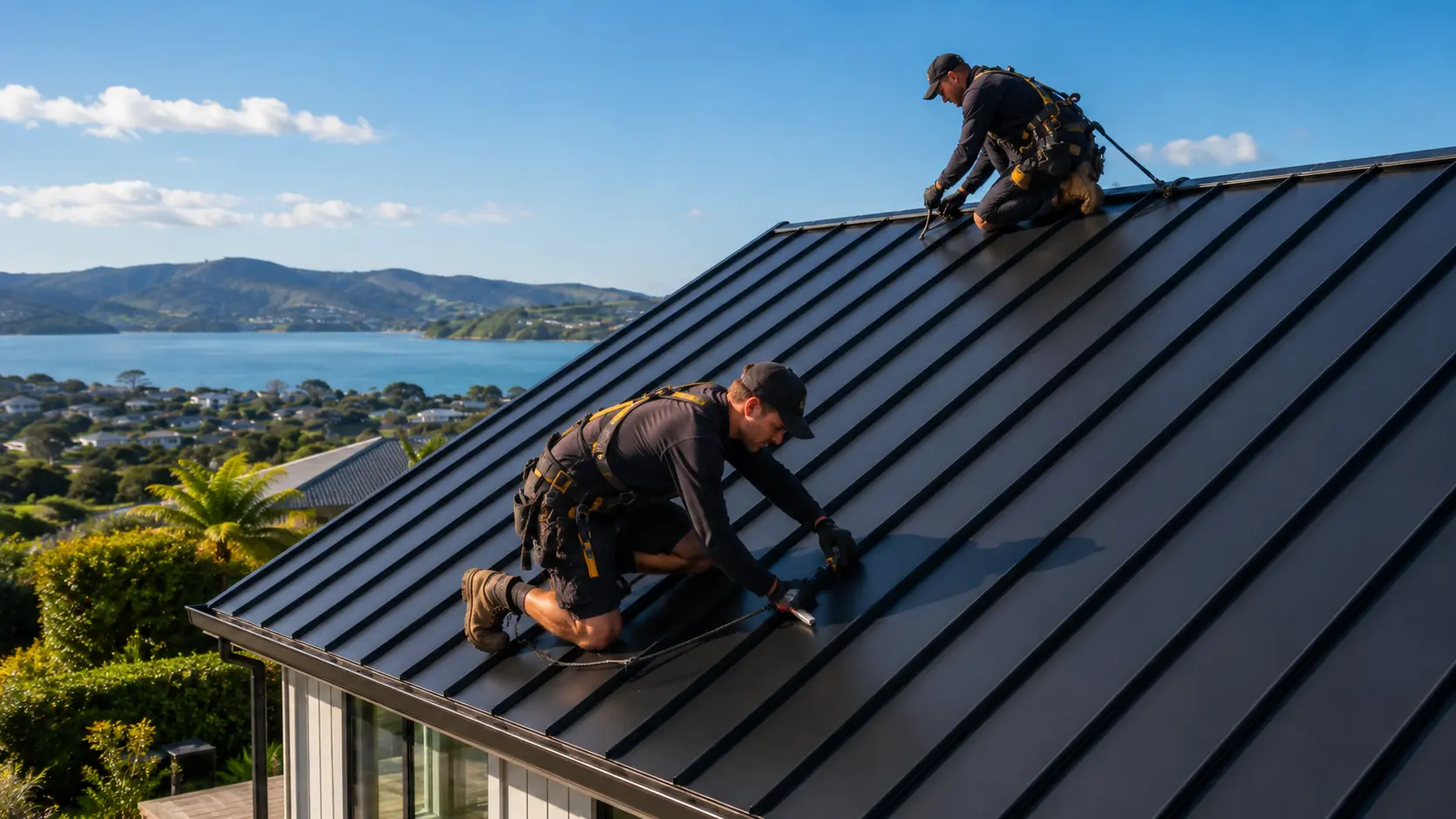 Close view of roofer cleaning a clean metal roof