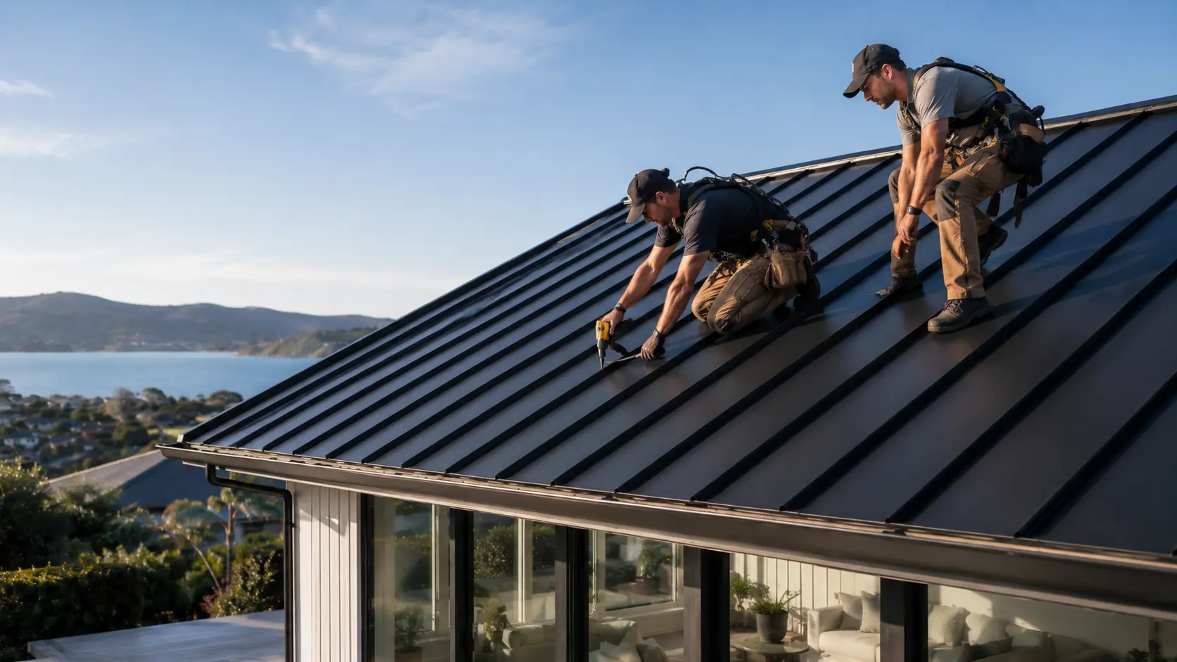 Roofer fastening clean metal roof in Auckland